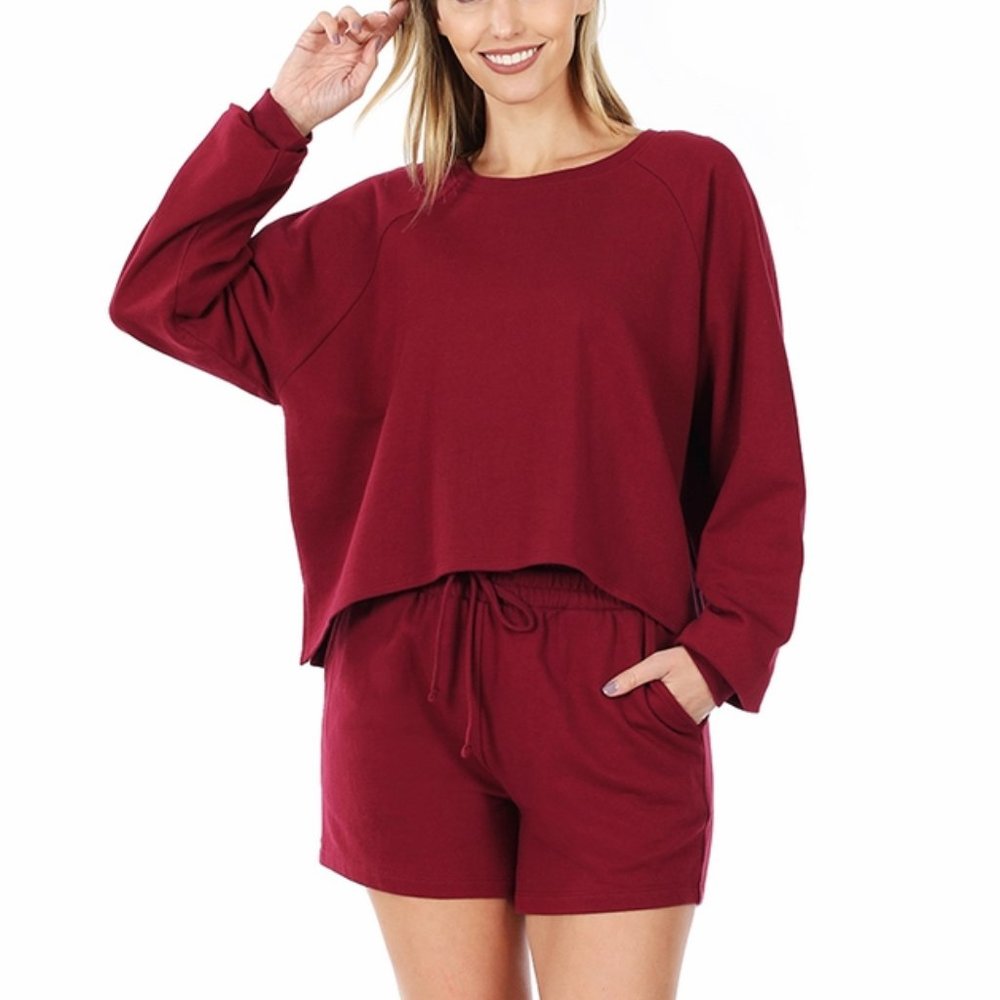 Burgundy French terry top & shorts 2pc Set